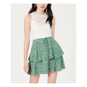 TEEZE ME Womens Fit + Flare Mini Dress Green Sleeveless Crew Neck Juniors 1\2